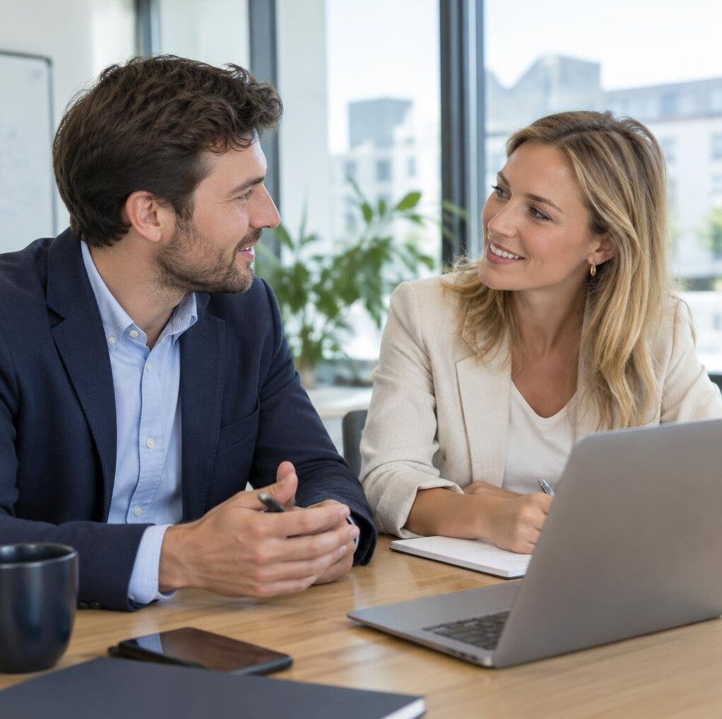 Two colleagues discussing during a workplace meeting