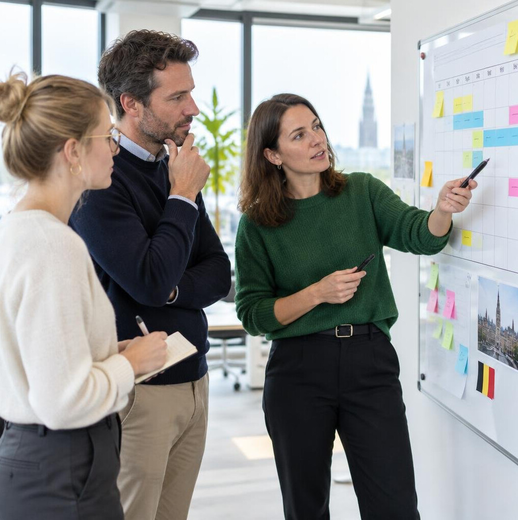 Team planning a schedule on a whiteboard