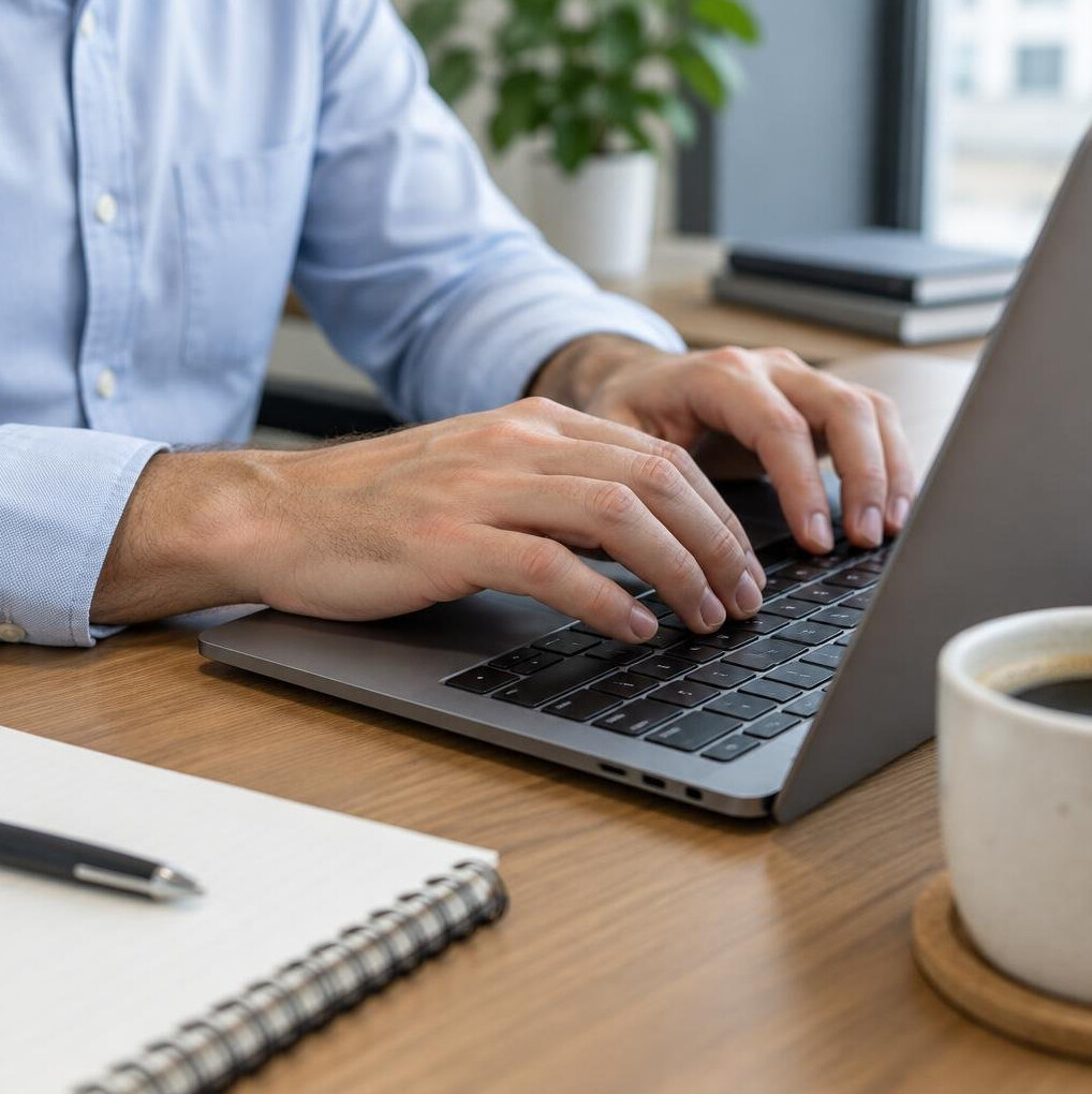 Hands typing on a laptop during a meeting