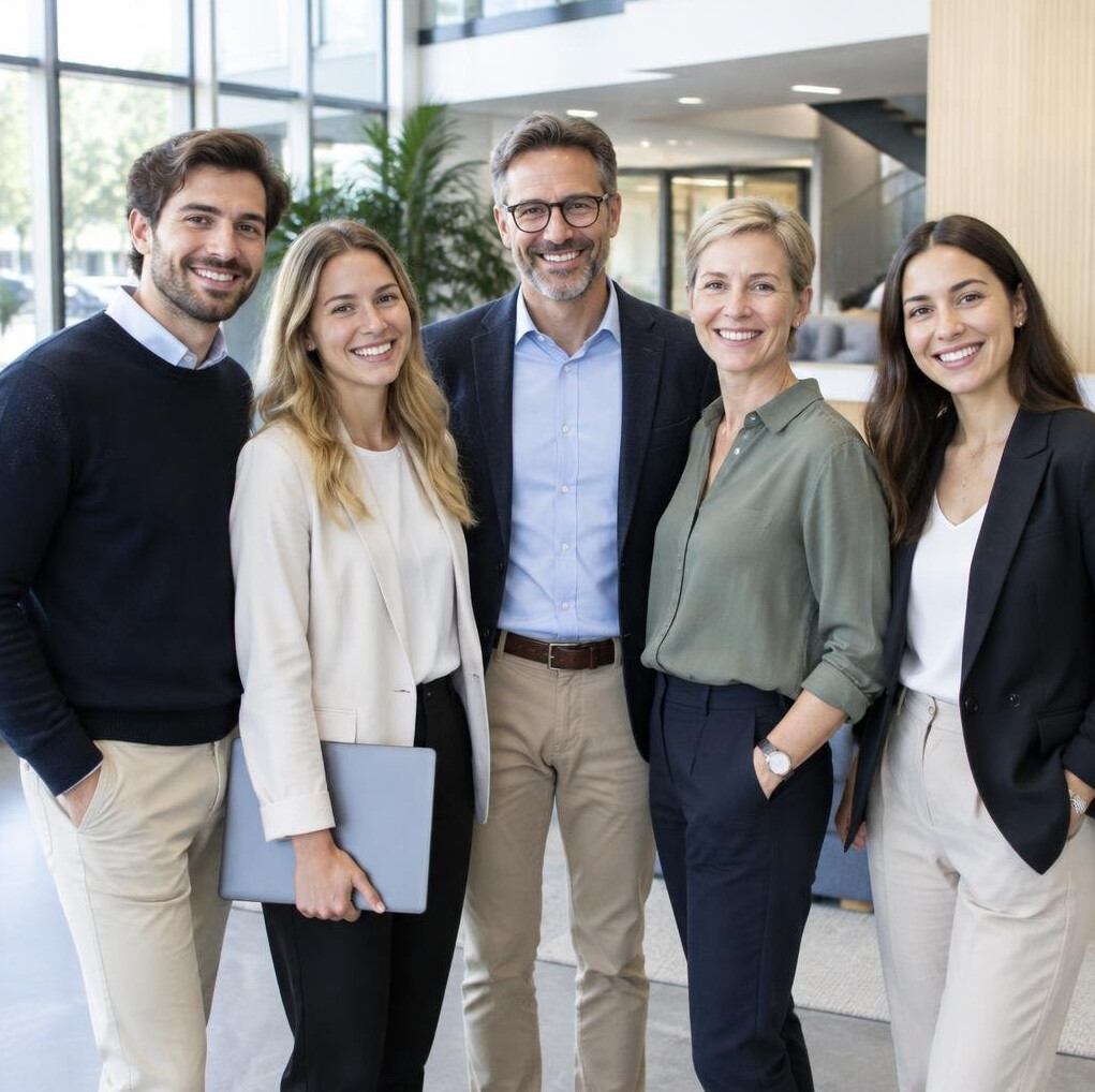 Group of diverse professionals in an office lobby