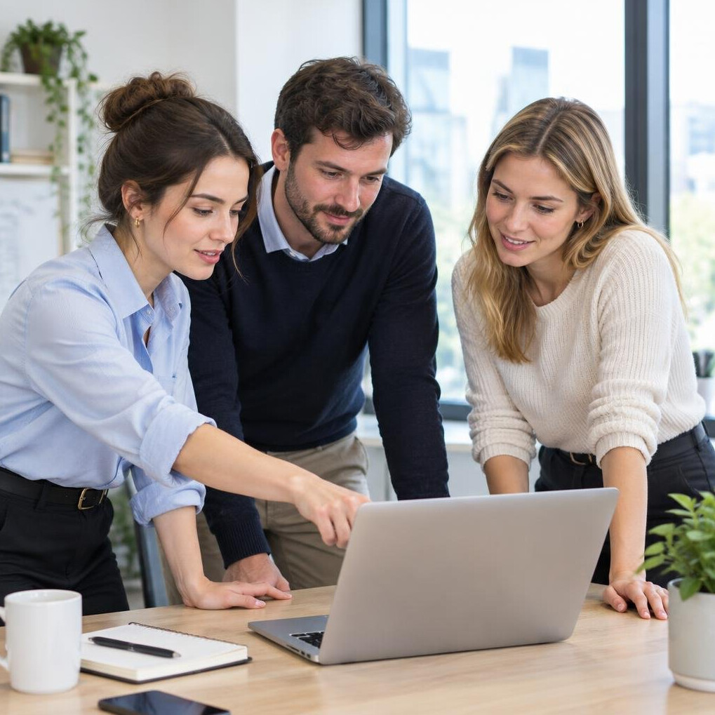 Team members collaborating around a laptop